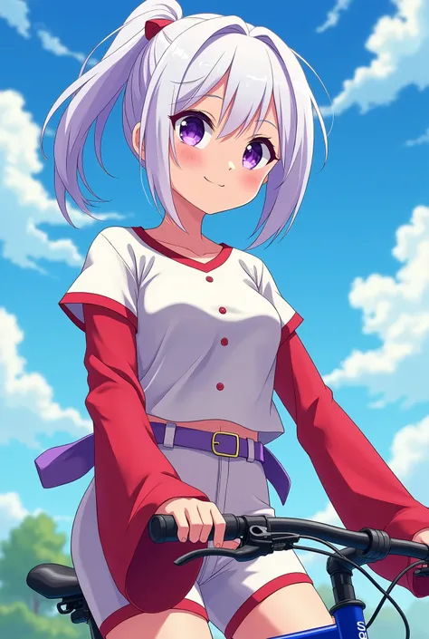 HD、Animation style、white hair 、Purple Eyes、girl、plump breasts 、High school student 、single ponytail、Baseball player、Light color short sleeve top、Long sleeve red underwear、Good shape、Thin、sash、Sky、cloud、sunny、Cycling、Navel exposed