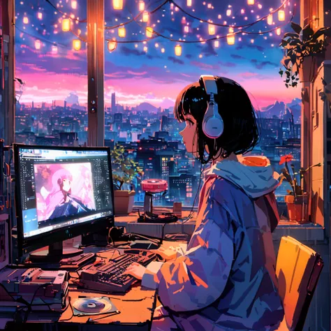 "An anime girl sitting in a cozy bedroom in front of a computer (seen from behind), a girl listening to music in a cozy room at night, wearing headphones, on the rooftop, enjoying beautiful night views from the windows, surrounded by lots of stuff, in a 2D...