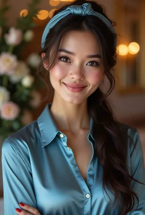 Realistic upper body portrait of a young german brunette woman aged 23, long hair, ponytaile, hairband, necklace, smile. She poses in front of the camera in a blue shiny silk Shirt, Restaurant ,glamour fotoshooting, beautiful female houreglass body, Weddin...