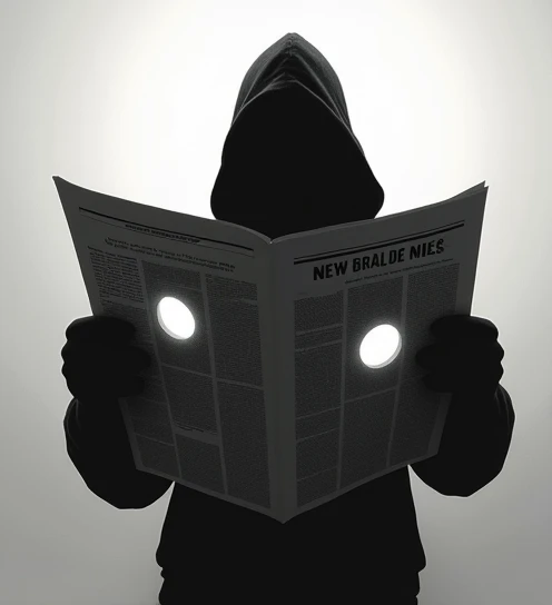 Create a silhouette of a shadow holding a newspaper,and in the newspaper two holes in the pages in place of the eyes that are behind the page