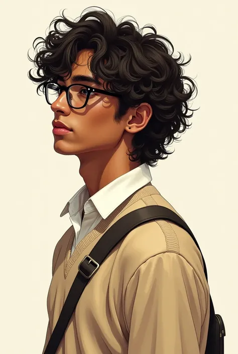 a man, THAI, with dark skin, delicate and innocent but masculine appearance, curly hair that reaches the shoulders and is spread out, beige sweater with a white long-sleeved blouse underneath, a mole below the right eye, a college crossbody bag and round b...