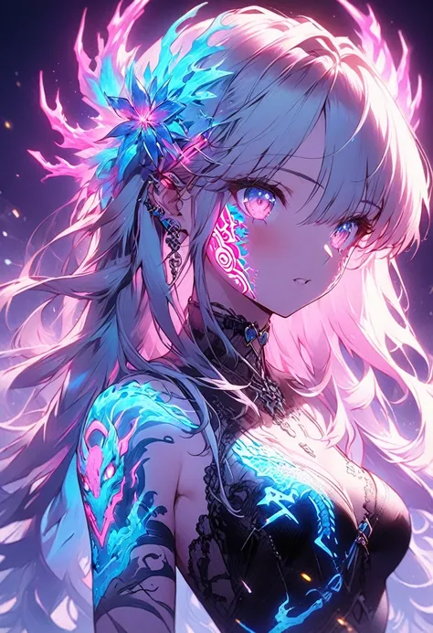 Cyberpunk、Artistic anime illustration of a cool girl adorned with thick, glowing neon dragon tattoos on her body and face、Neon glow、The scene has a dreamy, soft-focus effect that accentuates the brilliance of the tattoo.睨み、手の甲、