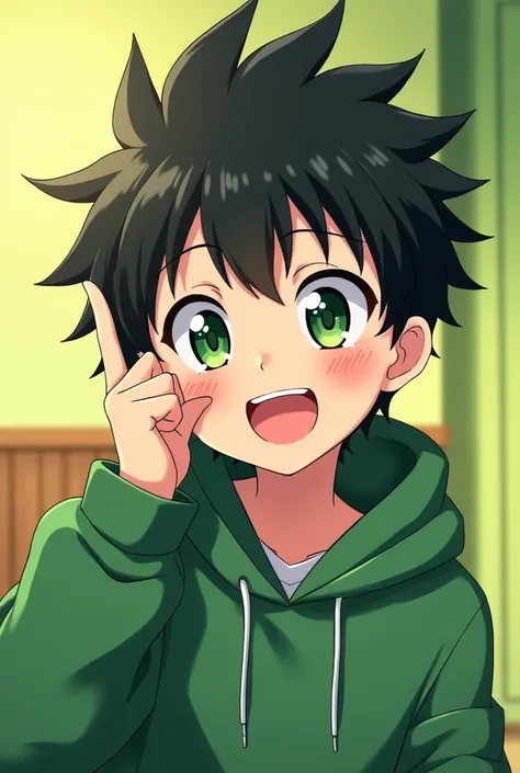 Create an anime-inspired character with spiky black hair, green eyes, and a green hoodie. The character should have a playful and confident expression, with a vibrant and cartoonish style. The background should be simple but feature warm green tones, with ...