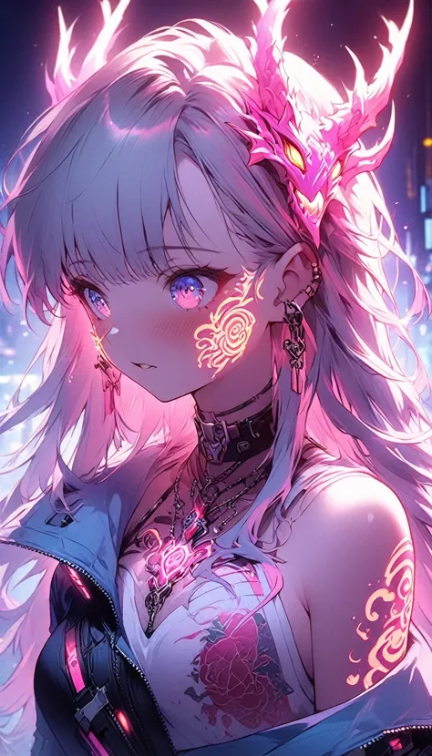 cyberpunk、artistic anime illustration of a cool girl adorned with thick, glowing neon dragon tattoos on her body and face、neon g...