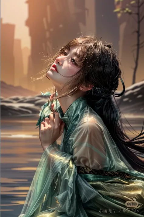 ((Young woman sitting near the river bank)) with her body slightly forward and her face up, light from the left side shines through, highly detailed image, beautiful girl in Hanfu, rim light, fantasy, 