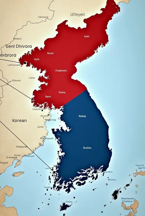 Map of North Korea has to be red and South Korea has to be blue, with 4 dotted lines of North Korea going out in any direction