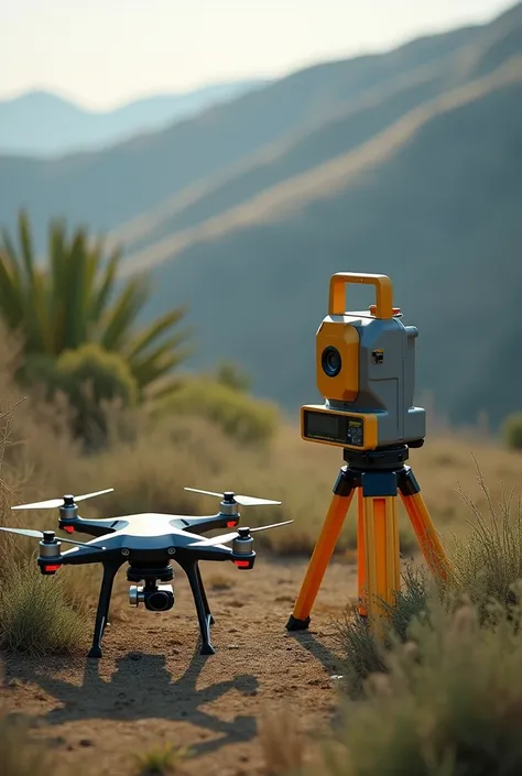 Photogrammetry image from a drone with a topographic survey that displays a drone and also a total station