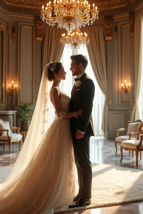 A Bride and agroom standingin a luxury house,  a very fantasy wedding dress and Luxury suit
