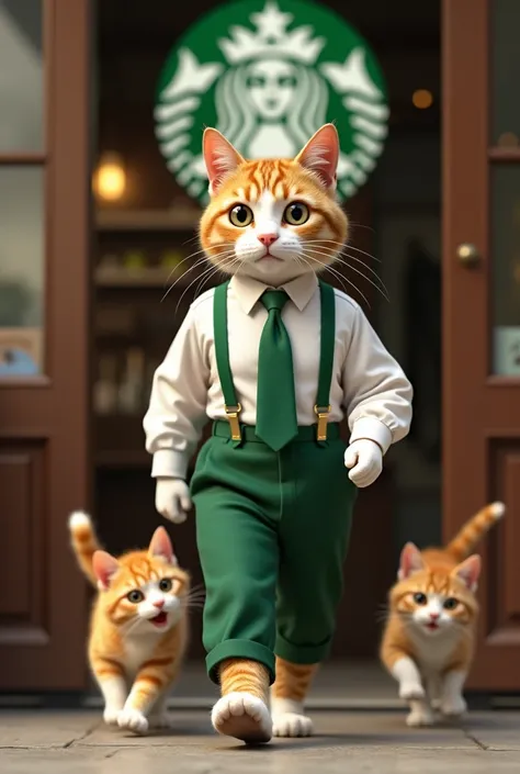 The mid-size cat, dressed in a white shirt, green tie, and green suspenders, is entering a Starbucks café.
   - **Setting:** The background shows the Starbucks logo with a welcoming ambiance.
   - **Accompaniment:** The two smaller cats are accompanying th...