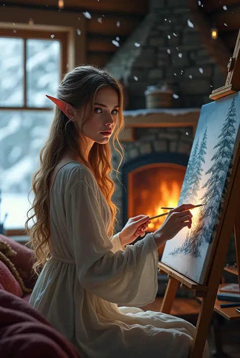 a very beautiful adult woman of approximately 2, with long, light brown hair, gray eyes, slightly pointed ears, painting a picture in a cozy cabin, it&#39;s snowing outside the cabin
