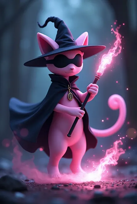 Image of Pokémon Mew with a black blindfold covering its eyes (as if she were blind) must have a hat, black cape and staff, she has to be releasing powers (Mew has to have pink skin color)