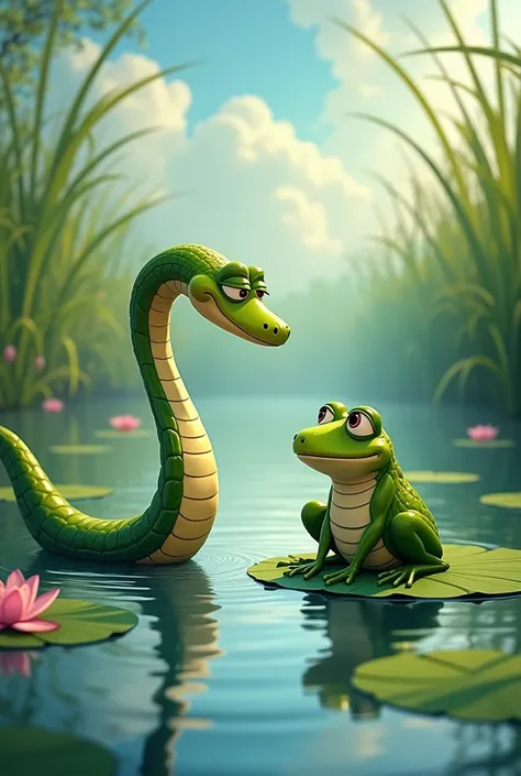 A snake talking to a frog in a pond,the frog must be sad.Disney Pixar style,cartoon