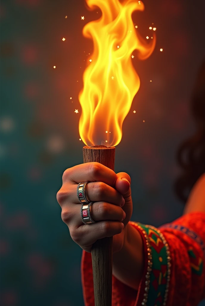 Create an image of a woman&#39;s hand holding a large torch like they do in Guatemala and that in the hand she is wearing a large USA graduation ring that can be seen on the ring finger and that in the background she has the colors of Guatemala 