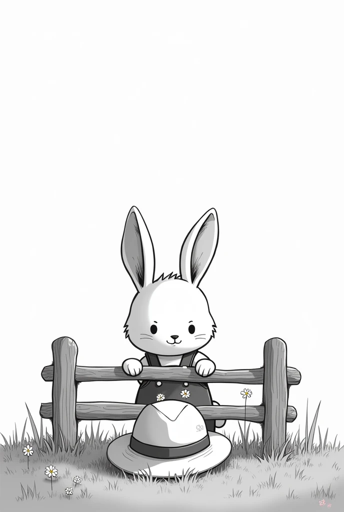 2d drawing for logo, in black and white with few details of a rabbit in overalls, a daisy on the overalls, hat behind a wooden fence, They are grass
