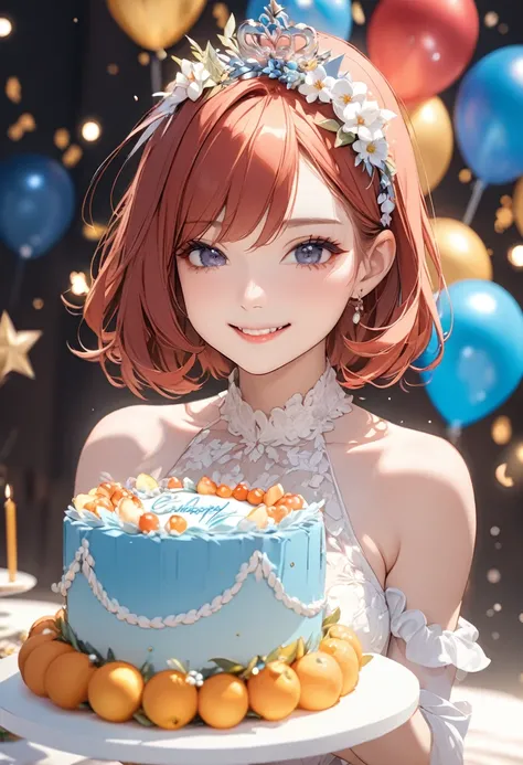 (masterpiece:1.5),(Beat quality),(high res),1girl solo,beautiful face,smile,upper body,dress women,celebration cake