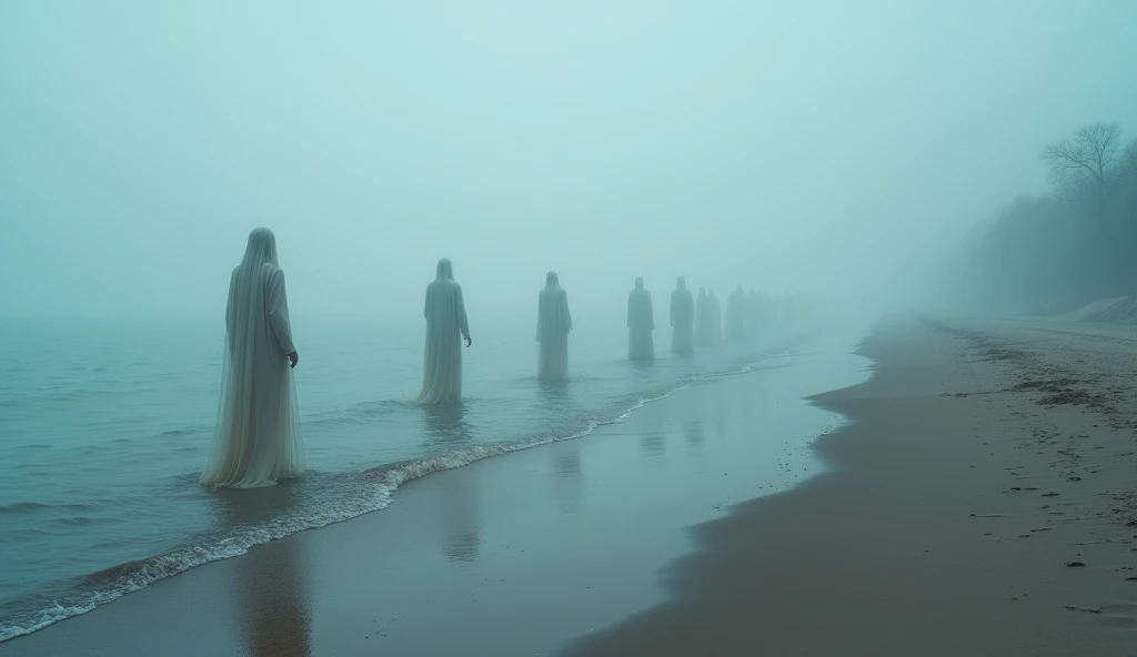 Several ghostly figures, barely visible in the misty air, are walking slowly along the shoreline, their bodies partially submerged in water. Their forms are indistinct, giving them an ethereal and otherworldly quality. The beach is empty, and the sky is ov...