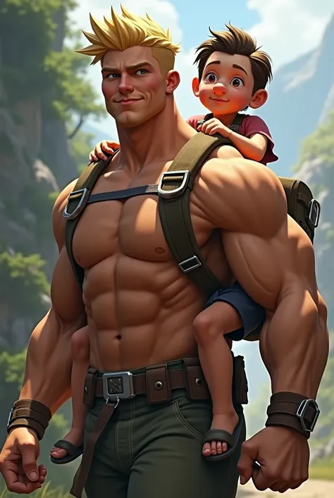 make a picture of a blond, muscular guy carrying a small, big-nosed boy on his back.