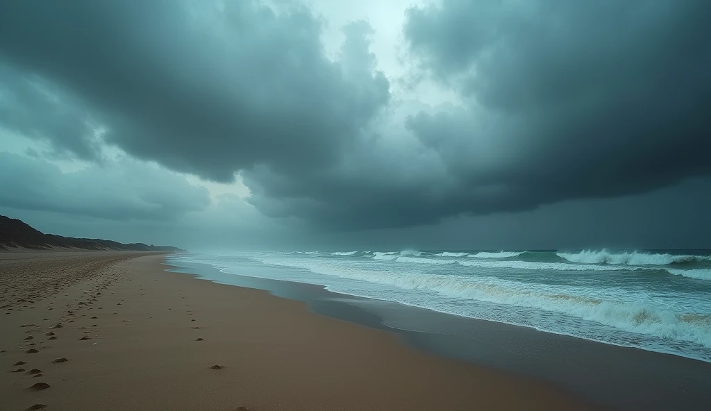 A wide shot of a desolate beach with dark, turbulent waves crashing against the shore. The sky is filled with heavy, dark clouds, and the wind is whipping through the scene, creating a feeling of cold and isolation. There are no signs of life, only the vas...