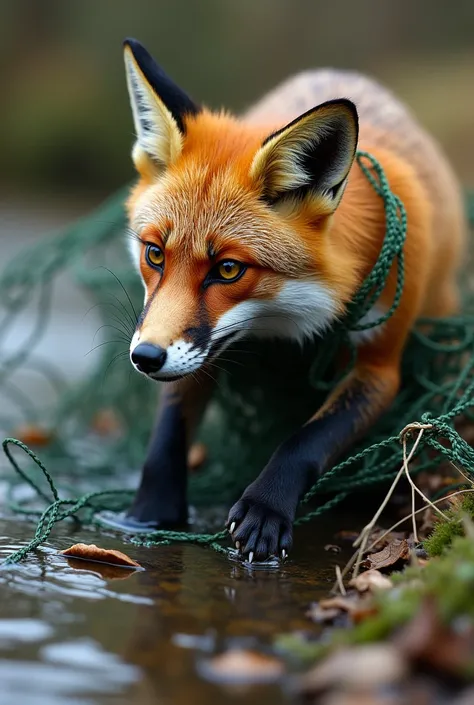 A fox trying hard to get come out of net 