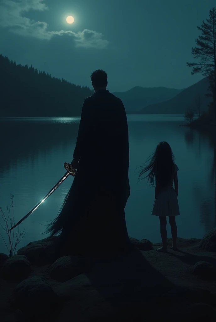 A man with a sword in dark  shadow  and seeing a  teenage girl  with long hair in night near a lake in long distancce