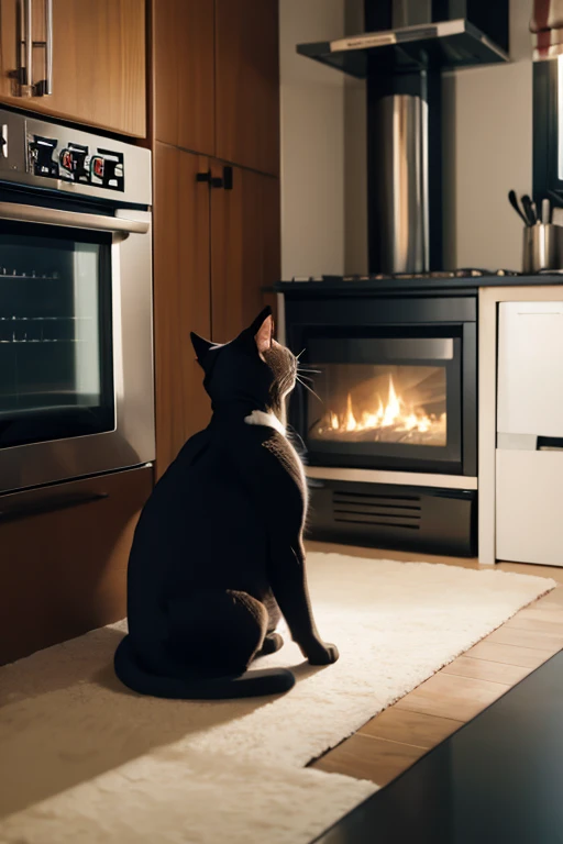 a cat sits on the stove and cooks food