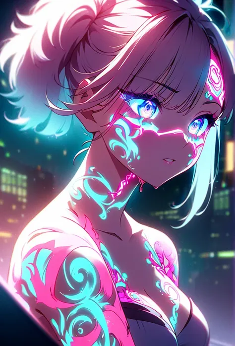 cyberpunk、artistic anime illustration of a cool girl adorned with thick, glowing neon dragon tattoos on her body and face、neon g...