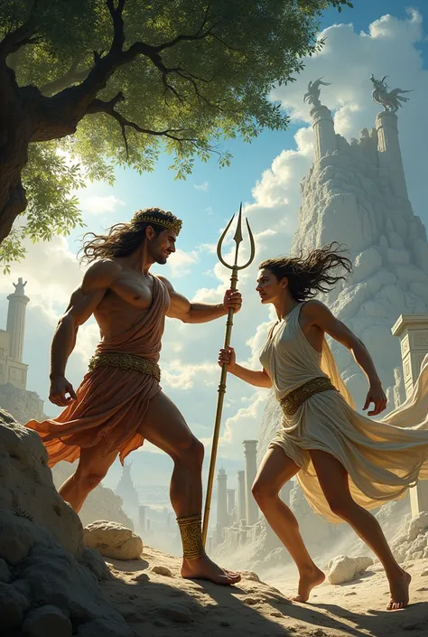 Draw an A1 size picture of Athena competing with Poseidon for the patronage of Athens and creating an olive tree. Stylize it interestingly. Athena and Gorgon are linked through Greek mythology, primarily in the context of the myth involving Medusa, one of ...