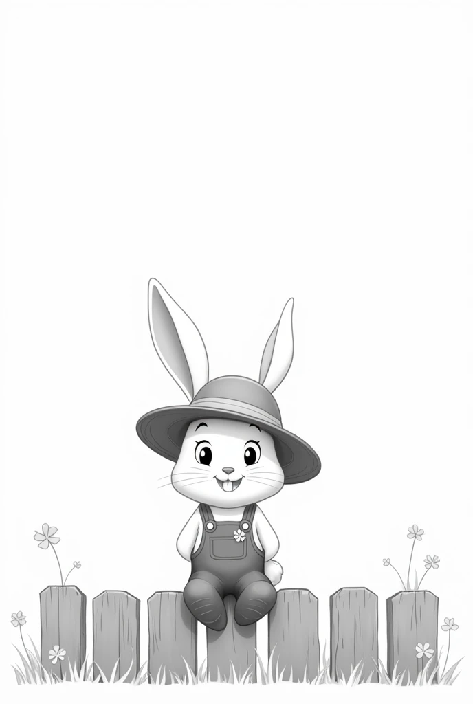 Black and white 2d Disney drawing with few details of a rabbit in overalls, a daisy on overalls and straw hat. on a wooden fence. horizontal format


