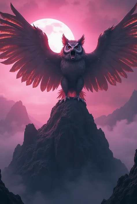 "Generate a 2K quality scene featuring a hybrid of a wild pig with exceptionally large teeth and an owl’s son, depicted as a formidable creature standing on a massive tree on a mountain. The background should be rugged and dangerous, with fuchsia lighting ...