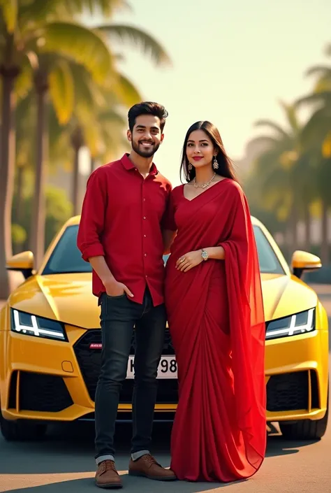 A boy with red shirt and black jeans and his wife have red saree and lemon colour audi TT 