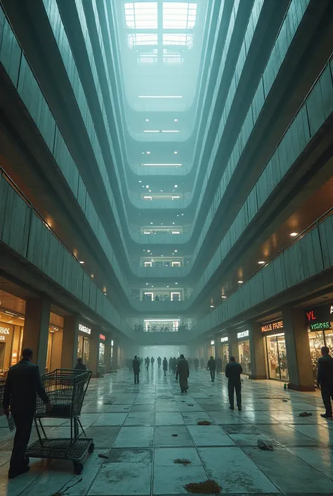 Dystopian huge wide mall with 5 floors active running stores but no people