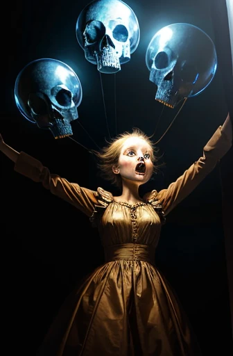 a painting of a woman holding a bunch of skull balloons, disturbing, creepy, gloomy, dynamic lighting, dynamic angle, masterpiece 