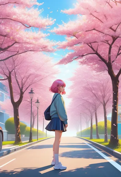 masterpiece, Best Quality, Very detailed, 【Illustration, Wide angle, A girl is standing in the middle of the road, Alone, The road in the middle and pink cherry blossom trees on the roadside, whole body, 20th Generation, Pink Hair, [sweater, Short skirt, f...