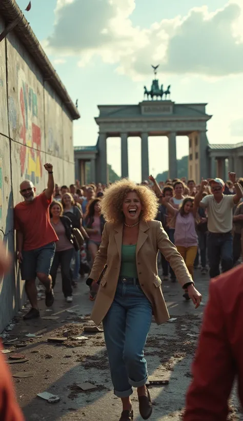 Generates an image of the fall of the Berlin Wall. I want to see happy and excited people crossing the wall, with the Brandenburg Gate in the background."