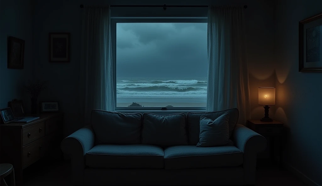 The interior of a small, dimly lit room inside the beach house. There is a worn couch in the center, and a window looking out toward the beach, where the dark sky and rough ocean are barely visible. The light inside the room is dull and shadowy, giving the...