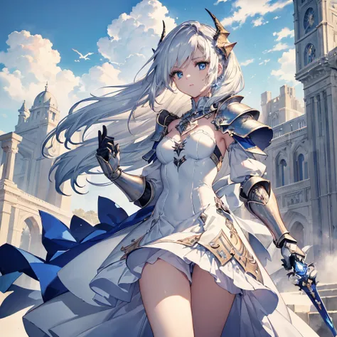 （（（masterpiece）））， （（（Highest quality at its best）））），((((masterpiece, Highest quality, Ultra-high resolution)))), One Girl, Combat pose, Holding a sword in both hands, Silver Price, Dragon Knight,Medium-long silver hair, Sky blue eyes, Detailed white vict...