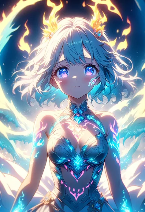 Anime screenshots、Artistic anime illustration of a girl adorned with thick, glowing neon Flame dragon tattoos on her body and face、Neon glow、The scene has a dreamy, soft-focus effect that accentuates the brilliance of the tattoo.wing,flying