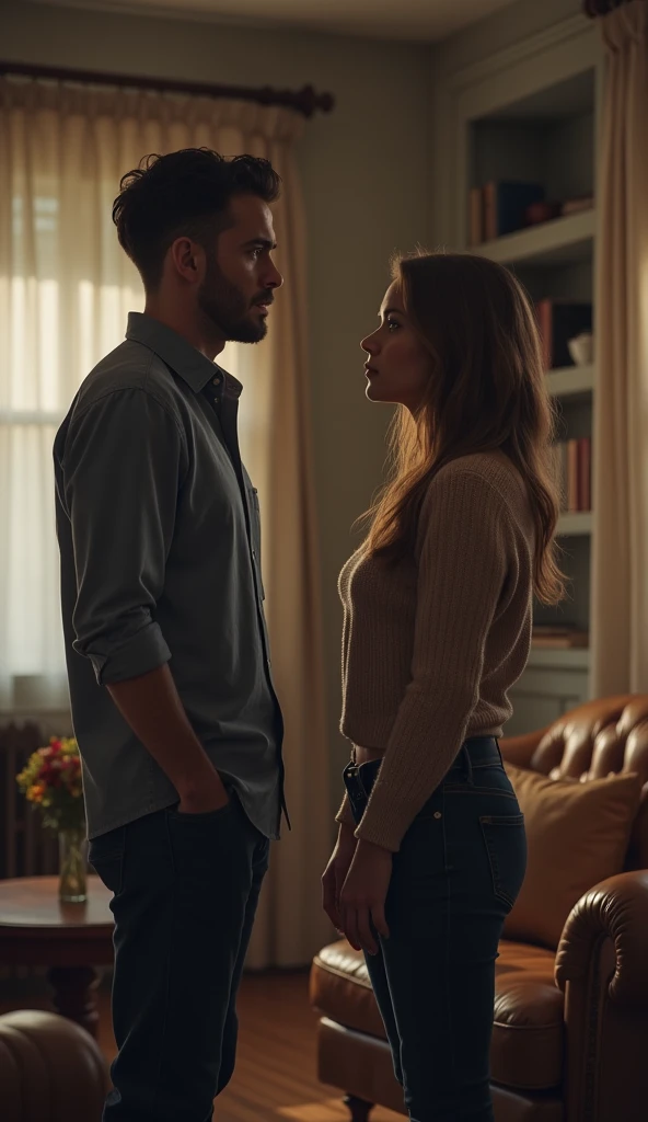 Image of 25 year man and his wife standing and talking in room in serious matter