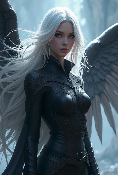 İcon , female character , with white hair , white eyes and black clothes , long hair and wings game scenario 
