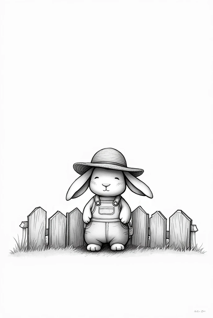 Black and white 2d drawing with few details of a rabbit in overalls, a daisy on overalls and straw hat. showing a wooden fence. large format



