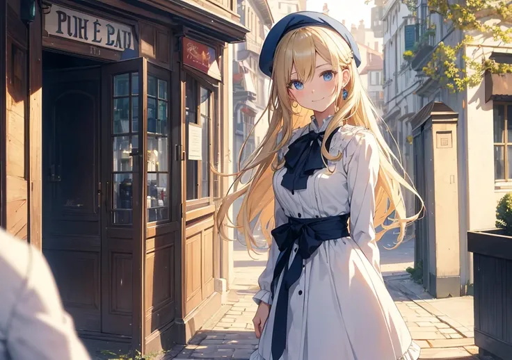 Create a beautiful anime-style girl standing in a peaceful, elegant European street with outdoor cafes and classic cars in the background. She has long, flowing blonde hair tied with a ribbon, and her expression is a warm, gentle smile with large blue eyes...