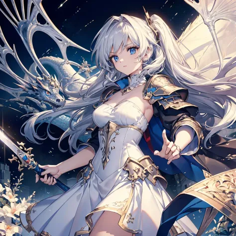 （（（masterpiece）））， （（（Highest quality at its best）））），((((masterpiece, Highest quality, Ultra-high resolution)))), One Girl, Combat pose, Holding a sword in both hands, Silver Price, Dragon Knight,Medium-long silver hair, Sky blue eyes, Detailed white vict...