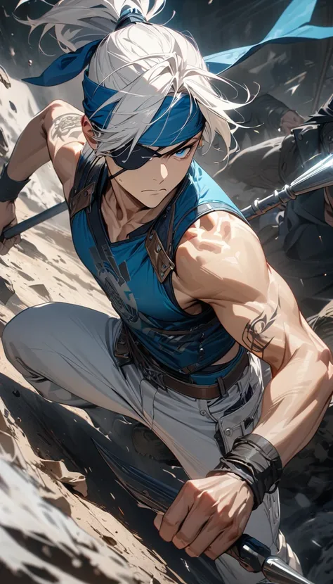 adult man, guy, boy, short white hair, high ponytail, turquoise eyes, serious, blue armored top, sleeveless, white jeans, tattoo, little muscles, eye patch, bandana, harpoon, Masterpiece, best quality, Full HD, 8k, ultra details, great graphic