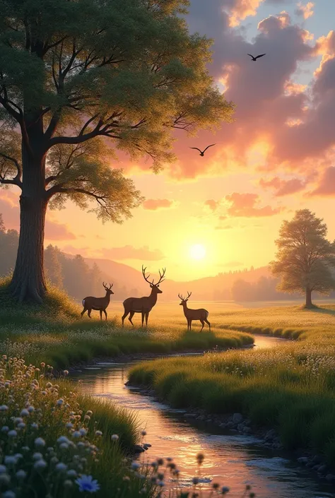 A peaceful meadow bathed in the warm glow of the setting sun, where wildflowers sway gently in the breeze. In the foreground, a crystal-clear stream winds through, reflecting the golden sky. A majestic tree stands tall to the side, its branches creating a ...