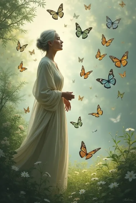 Many butterflies flying over an elegant elderly woman