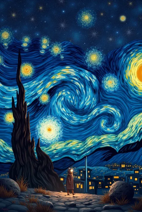 high quality, High level of detail, Bright starry sky starry night 4k van gogh emit a dazzling light CG Art 8K basing a 50 % and van gogh