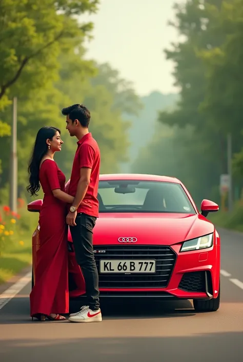 A boy with red shirt and black jeans and his wife have red saree and lemon colour audi TT that car number is KL 66 B 777 and she were high heels and she much shorter than boy and shoes is Nike and that girl have long hair 


