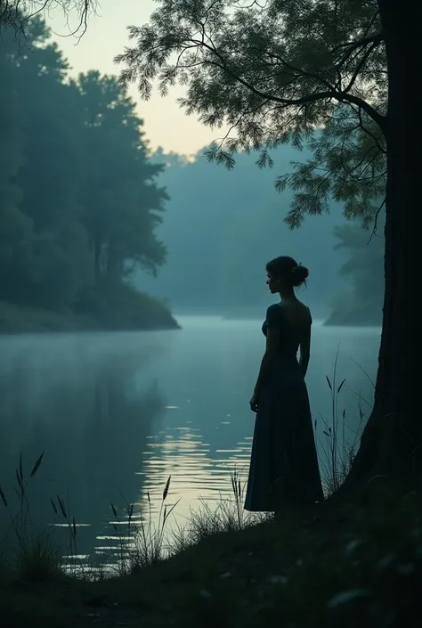 A man watching a beautiful women in dark near a lake from distance