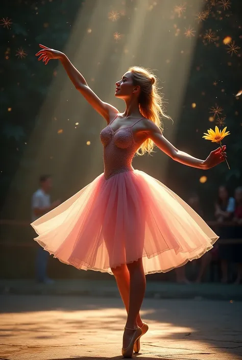 (photorealism:1.2), an extremely beautiful woman, blonde hair, Brown eyes, small nose, full lips, very feminine and soft features, clean face, dressed in a pink ballet dress, and pink ballet slippers, on tiptoe doing a turn with your hands in the air like ...