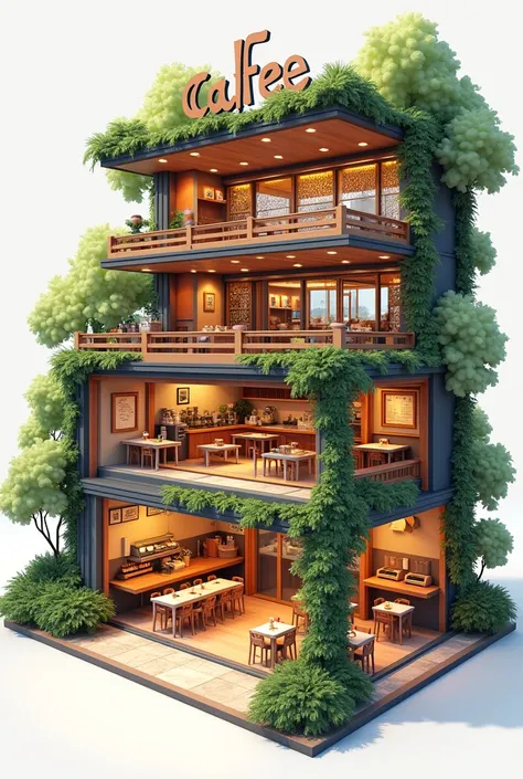 coffee shop with 3 floor, first floor and top floor open space with table and chairs, 2end floor have kichen and display section exterior design of shop